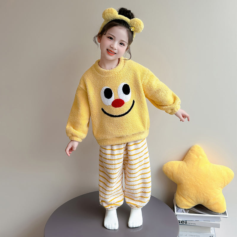 二点セット ふわふわ ルームウェア あったか トップス＋ボーダー パンツ セットアップ n-454