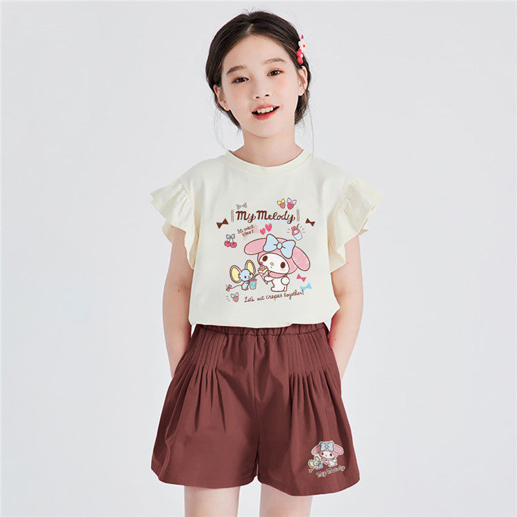 フリル袖 柔らか生地 カジュアル Tシャツ+ショートパンツ セットアップ n-141