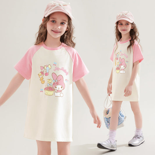 夏さらさら 配色 切り替え プリント ロング Tシャツ n-336