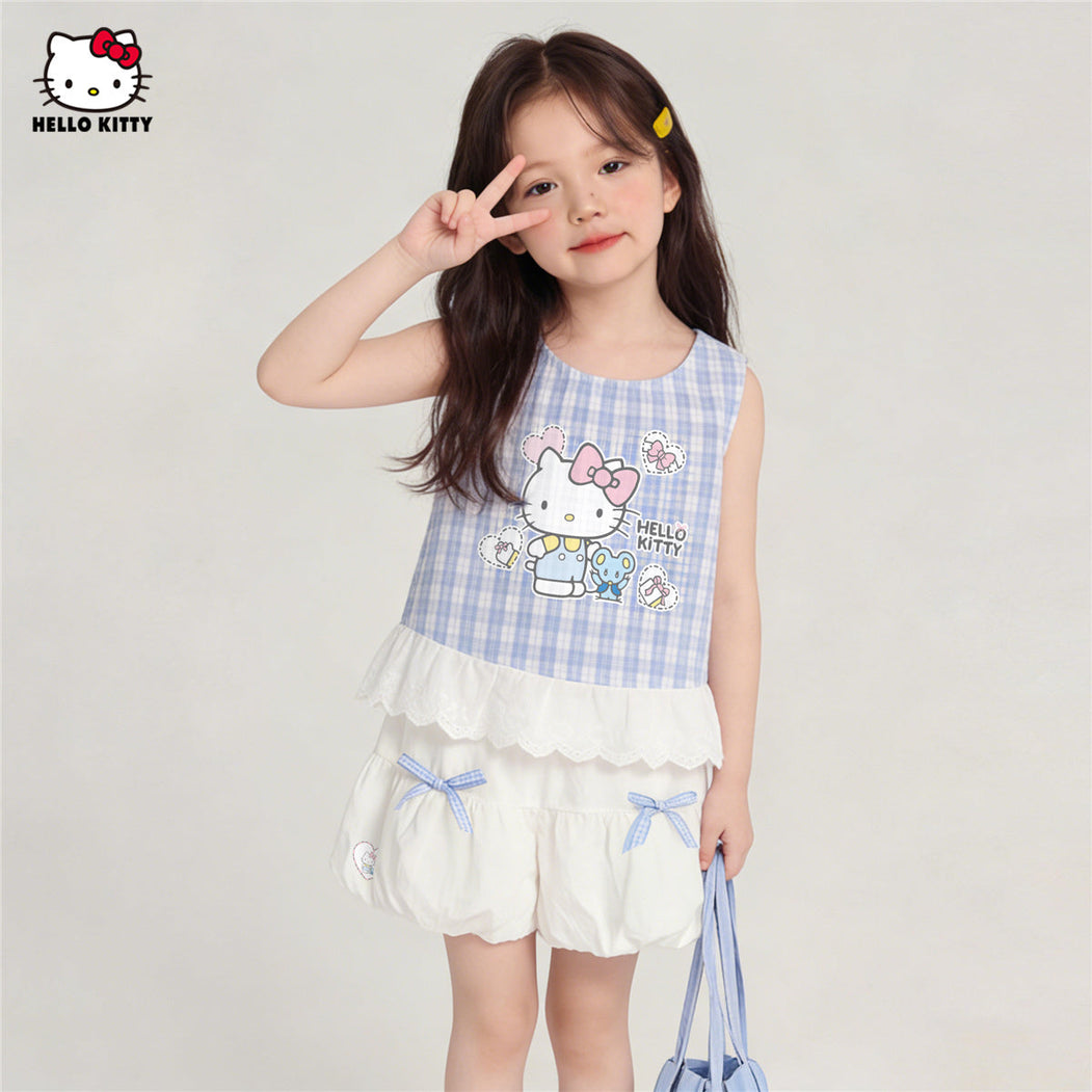 夏にぴったり 水色 チェック柄 可愛い Tシャツ+ショートパンツ セットアップ n-311