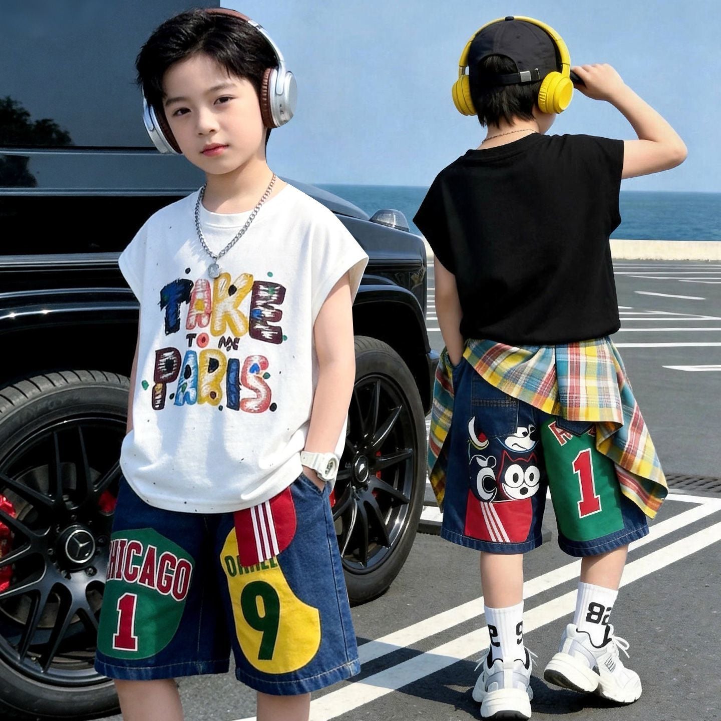 プリント ノースリーブ Tシャツ+ショーツ セットアップ n-169
