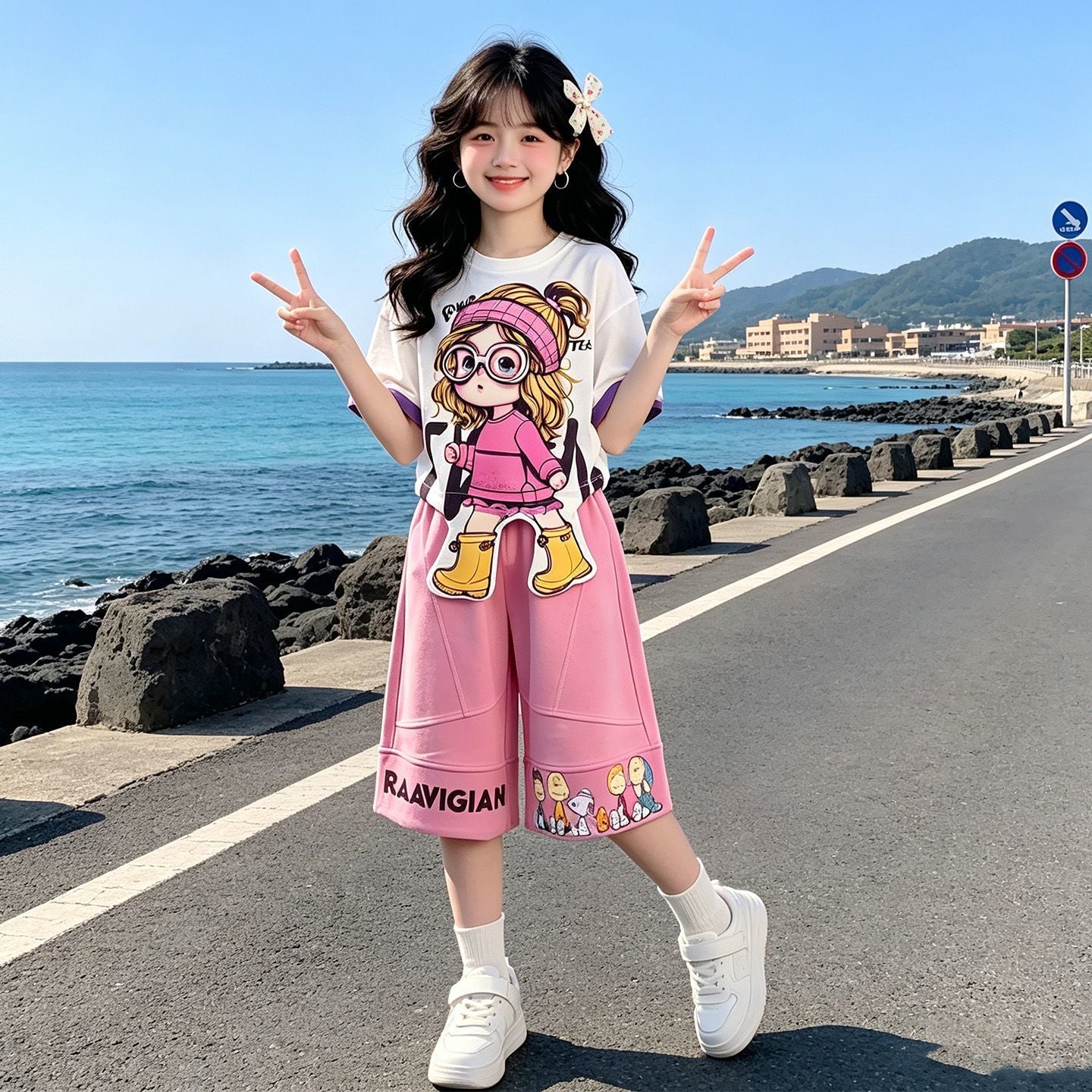 人気トレンド 可愛い プリント トップス+パンツ セットアップ n-219