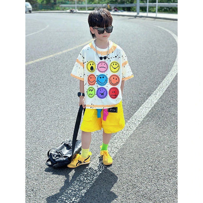 個性派 スマイル顔 Tシャツ+五分丈 ショーツ セットアップ n-168