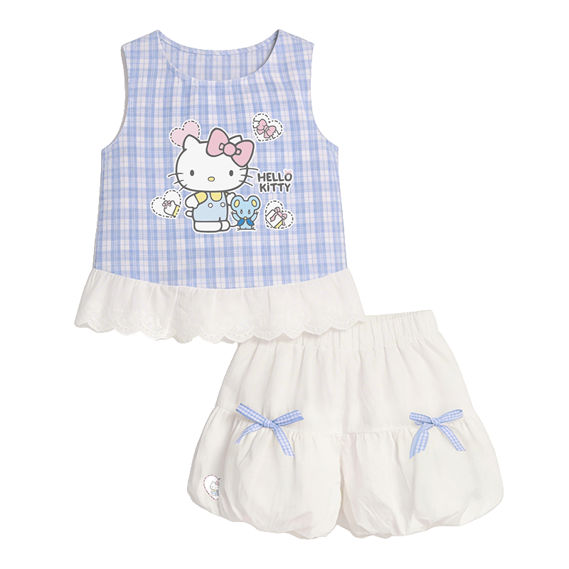 夏にぴったり 水色 チェック柄 可愛い Tシャツ+ショートパンツ セットアップ n-311