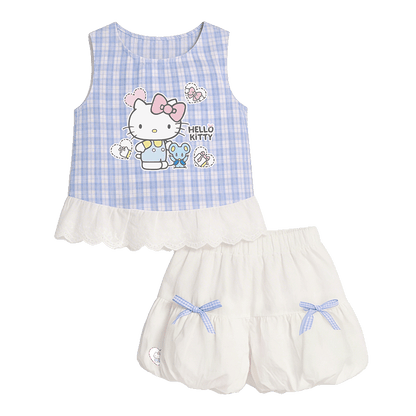 夏にぴったり 水色 チェック柄 可愛い Tシャツ+ショートパンツ セットアップ n-311
