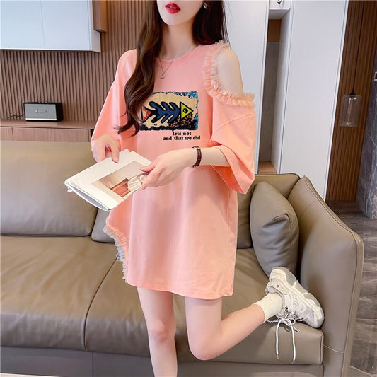 おしゃれ度高め レース 美人度アップ 切り替え プリント全4色 Tシャツ カットソー＜U-9213＞