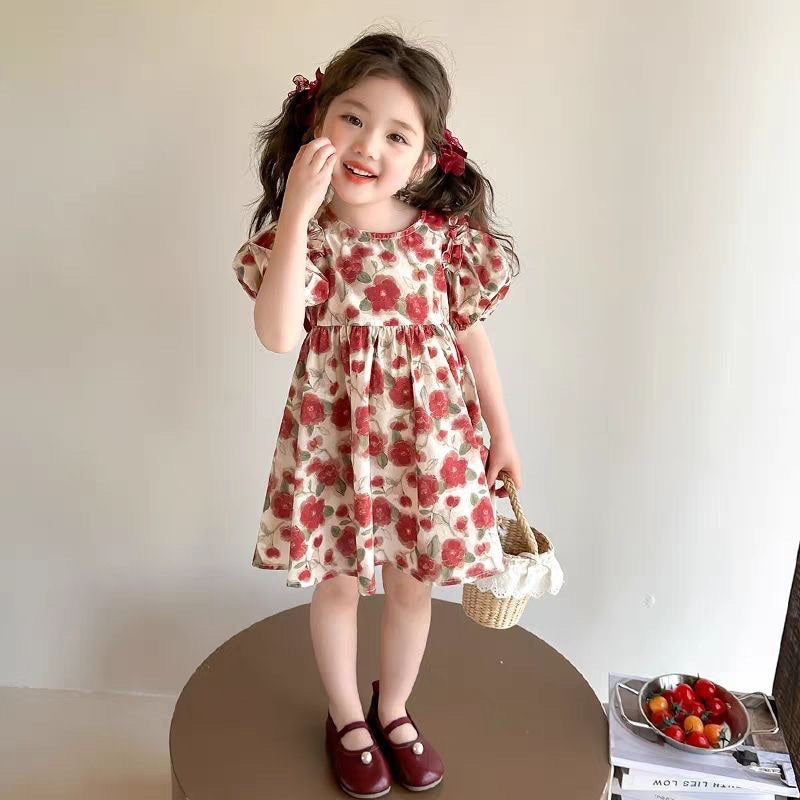 バラ柄 パフスリーブ 女の子夏用 ワンピース n-285