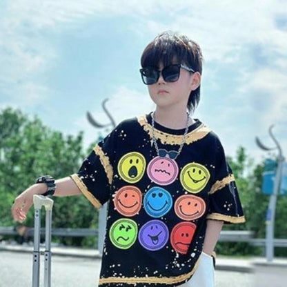 個性派 スマイル顔 Tシャツ+五分丈 ショーツ セットアップ n-168