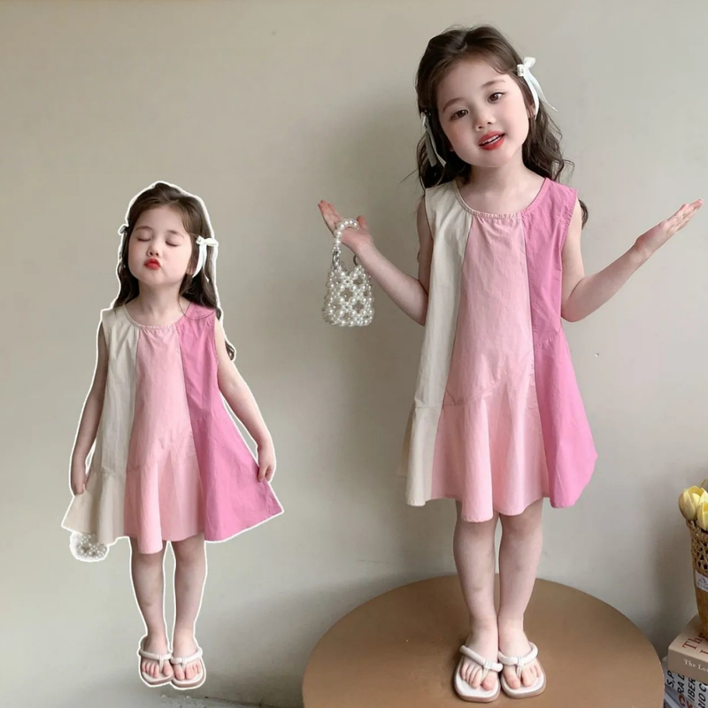 切り替え ノースリーブ Aライン 韓国風 ワンピース n-286