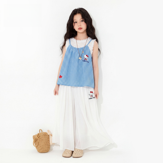 水色 チェック さらさら 夏用 トップス+パンツ セットアップ n-290