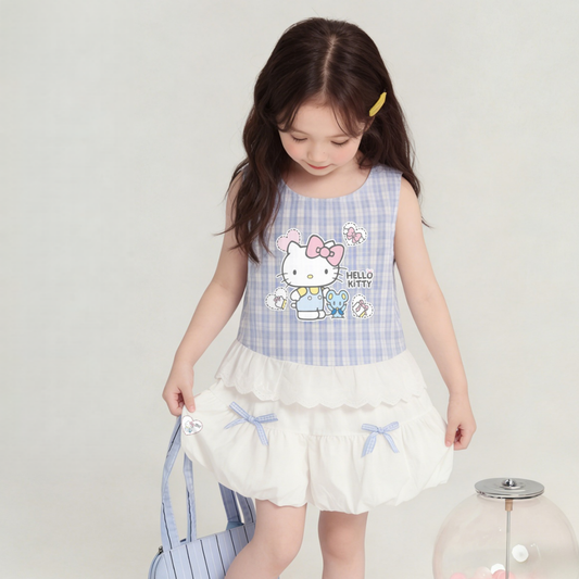 夏にぴったり 水色 チェック柄 可愛い Tシャツ+ショートパンツ セットアップ n-311