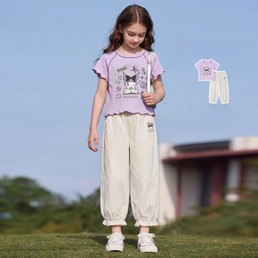 動きやすい 夏用 フリル袖 Tシャツ+ワイドパンツ セットアップ n-314
