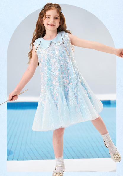 きらきら ラメチュール パール襟付き ノースリーブ  ワンピース n-345