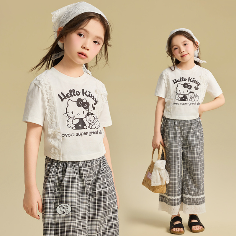 かわいい プリント フリル トップス+チェック カジュアルパンツ セットアップ n-339