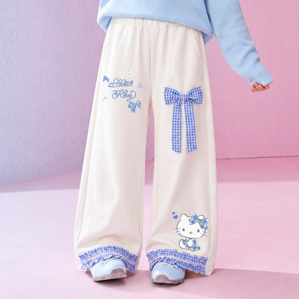 ガーリー 春秋 チェック柄 リボン ワイドパンツ n-407