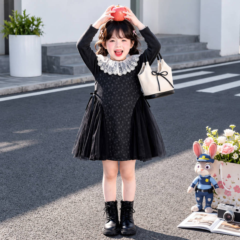チュール切替 ガーリー 春秋 リボン ワンピース n-418