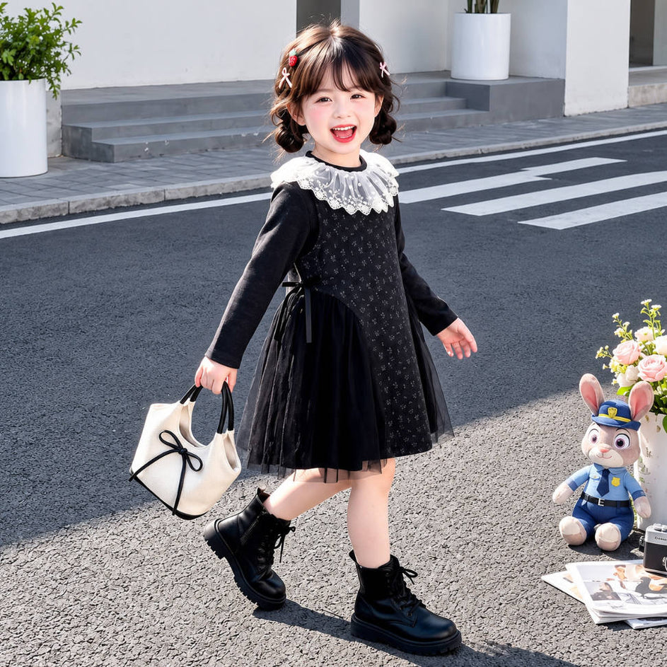 チュール切替 ガーリー 春秋 リボン ワンピース n-418