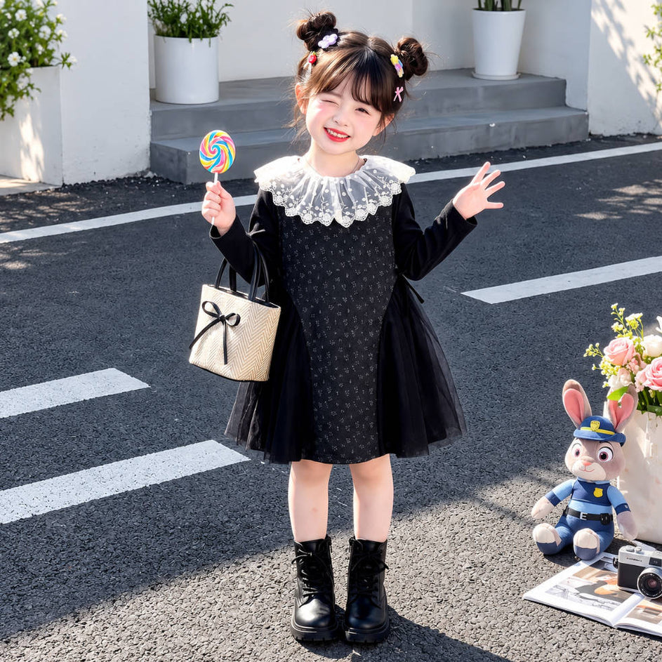 チュール切替 ガーリー 春秋 リボン ワンピース n-418