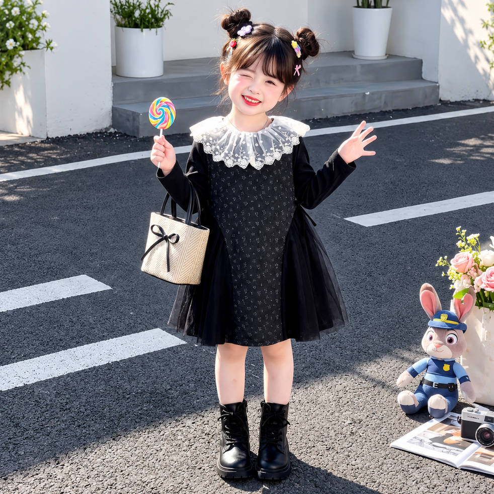 チュール切替 ガーリー 春秋 リボン ワンピース n-418