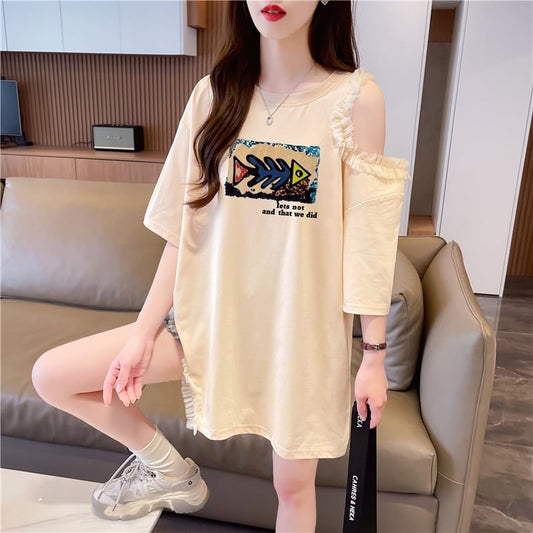 おしゃれ度高め レース 美人度アップ 切り替え プリント全4色 Tシャツ カットソー＜U-9213＞