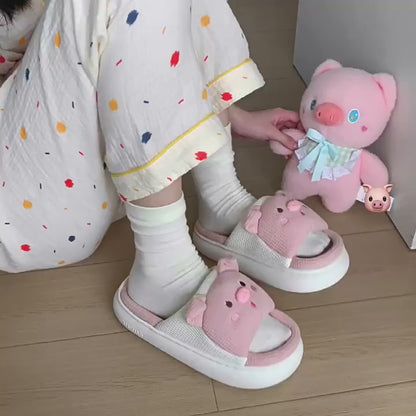 立体ぶたぬいぐるみ ワッフル生地 厚底 滑り止め 通気性 シューズ スリッパ C-310